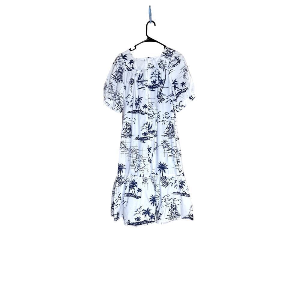 Royal Creations Hawaii dress size small white/blue  island pattern peplum zip-up